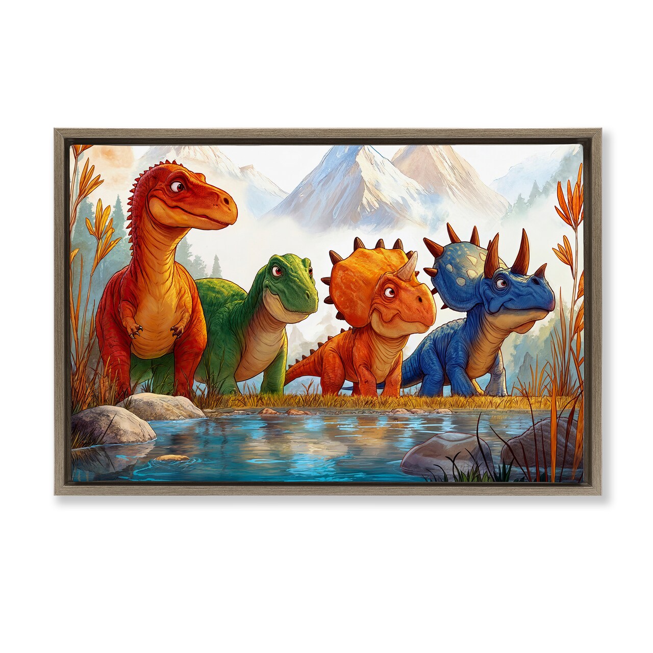 Stupell Industries Four Dinos By The Pond Floating Frame, design by Wumples